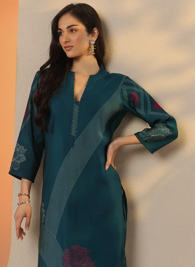 Libas Teal Printed Silk Blend Straight Kurta