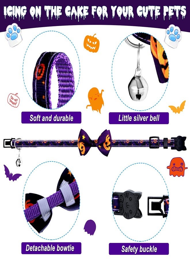 Tondiamo 8 Pcs Halloween Cat Collar Breakaway with Bell Adjustable Kitten Collar Bow Tie Cat Collar Skull Pumpkin Spider Witch Pet Collars for Puppy Cats Dog Holiday Costume - Image 4