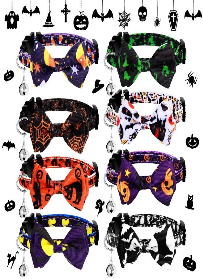 Tondiamo 8 Pcs Halloween Cat Collar Breakaway with Bell Adjustable Kitten Collar Bow Tie Cat Collar Skull Pumpkin Spider Witch Pet Collars for Puppy Cats Dog Holiday Costume - Image 1