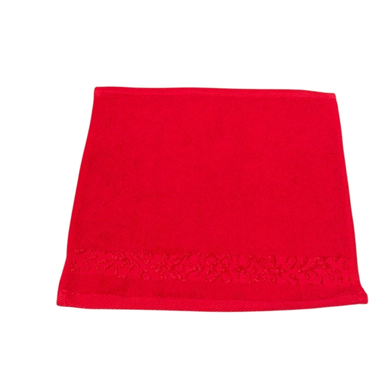 Cotton Hand Towel, Floral Border, Terry Weave, Soft and Absorbent, 33x33 cm (Red) - Image 1