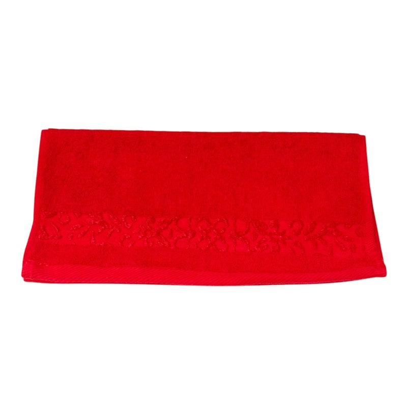 Cotton Hand Towel, Floral Border, Terry Weave, Soft and Absorbent, 33x33 cm (Red) - Image 2