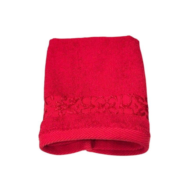 Cotton Hand Towel, Floral Border, Terry Weave, Soft and Absorbent, 33x33 cm (Red) - Image 3