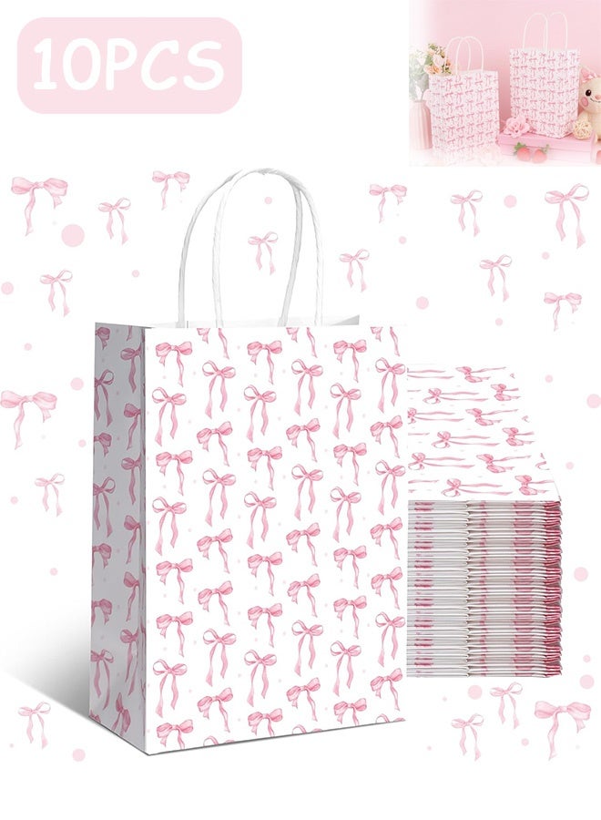 إم إكس إن 10 قطع من أكياس الهدايا الورقية على شكل فيونكة، أكياس حلوى لحفلات أعياد الميلاد، حقيبة هدايا وردية على شكل فيونكة مع مقابض لمستلزمات حفلات الخطوبة والزفاف - Image 1