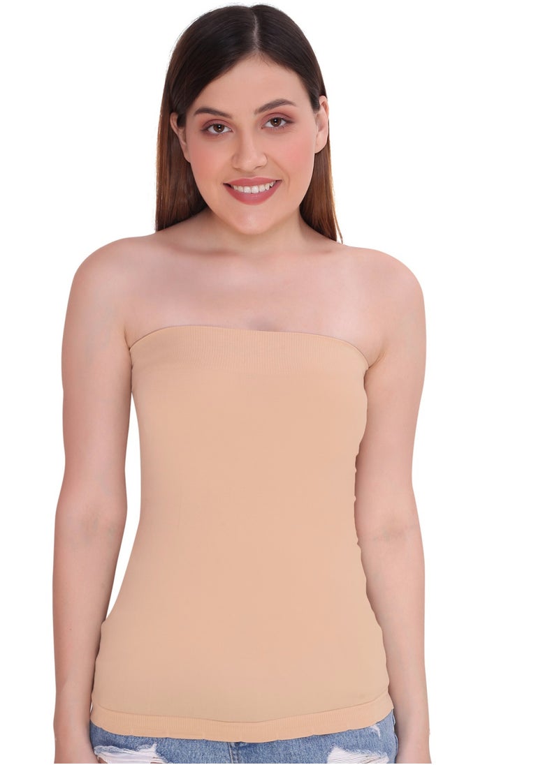 Glamroot - Women's Strapless Stretchable Long Bandeau Tube Top Camisole, Beige - Image 1