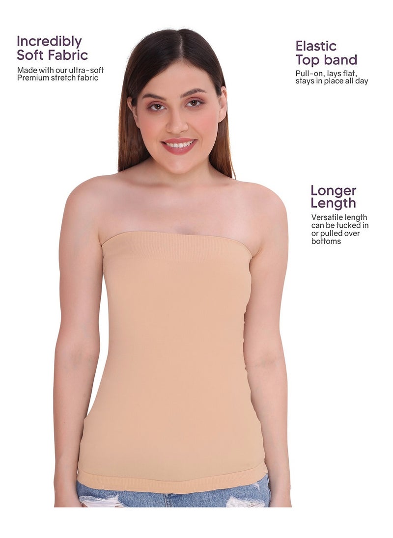 Glamroot - Women's Strapless Stretchable Long Bandeau Tube Top Camisole, Beige - Image 1
