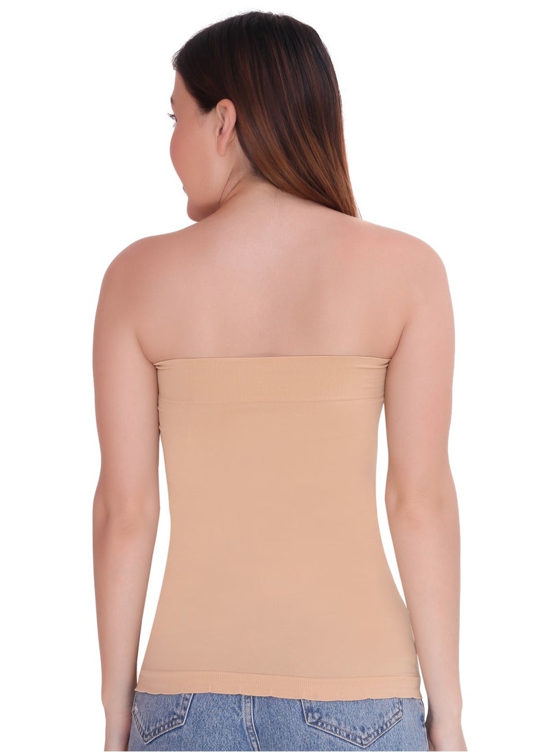Glamroot - Women's Strapless Stretchable Long Bandeau Tube Top Camisole, Beige - Image 1