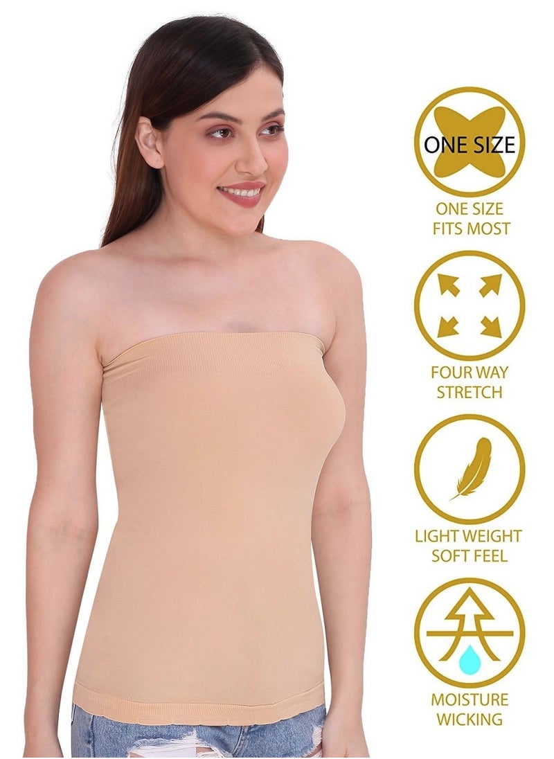 Glamroot - Women's Strapless Stretchable Long Bandeau Tube Top Camisole, Beige - Image 1