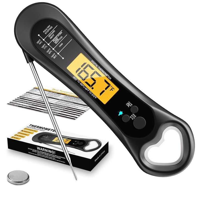 Biison Meat Thermometer Digital, Instant Read Meat Thermometer for Grill and Cooking, with Bottle Opener, Backlight & Calibration Food Thermometer, Kitchen Gadgets for BBQ, Turkey, Candy, Liquids - Image 1