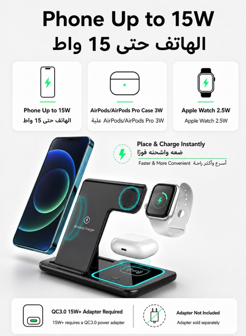 ZAFRA 3 in 1 Wireless Charger Station, 15W Fast MagSafe-Compatible Foldable Charging Stand for iPhone 17/16/15/14/13/12/11/X, Samsung/Huawei/Xiaomi Wireless Charging Phones, Apple Watch All Series & AirPods/AirPods Pro Wireless Charging Case, Type-C Cable, Black - Image 2