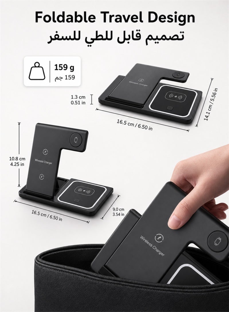 ZAFRA 3 in 1 Wireless Charger Station, 15W Fast MagSafe-Compatible Foldable Charging Stand for iPhone 17/16/15/14/13/12/11/X, Samsung/Huawei/Xiaomi Wireless Charging Phones, Apple Watch All Series & AirPods/AirPods Pro Wireless Charging Case, Type-C Cable, Black - Image 3