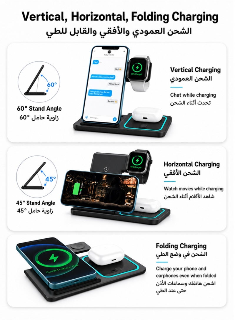 ZAFRA 3 in 1 Wireless Charger Station, 15W Fast MagSafe-Compatible Foldable Charging Stand for iPhone 17/16/15/14/13/12/11/X, Samsung/Huawei/Xiaomi Wireless Charging Phones, Apple Watch All Series & AirPods/AirPods Pro Wireless Charging Case, Type-C Cable, Black - Image 4
