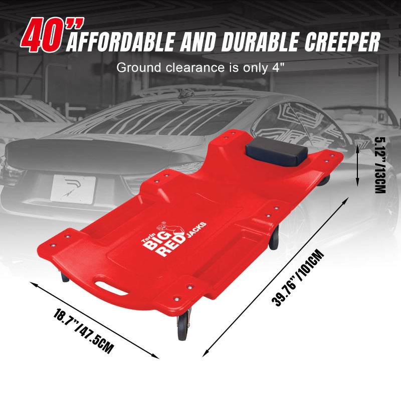 BIG RED TRP6240 Torin Blow Molded Plastic Rolling Garage/Shop Creeper: 40" Mechanic Cart with Padded Headrest, Dual Tool Trays and 6 Casters, Red - Image 2
