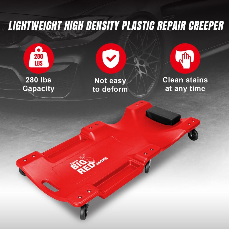 BIG RED TRP6240 Torin Blow Molded Plastic Rolling Garage/Shop Creeper: 40" Mechanic Cart with Padded Headrest, Dual Tool Trays and 6 Casters, Red - Image 5