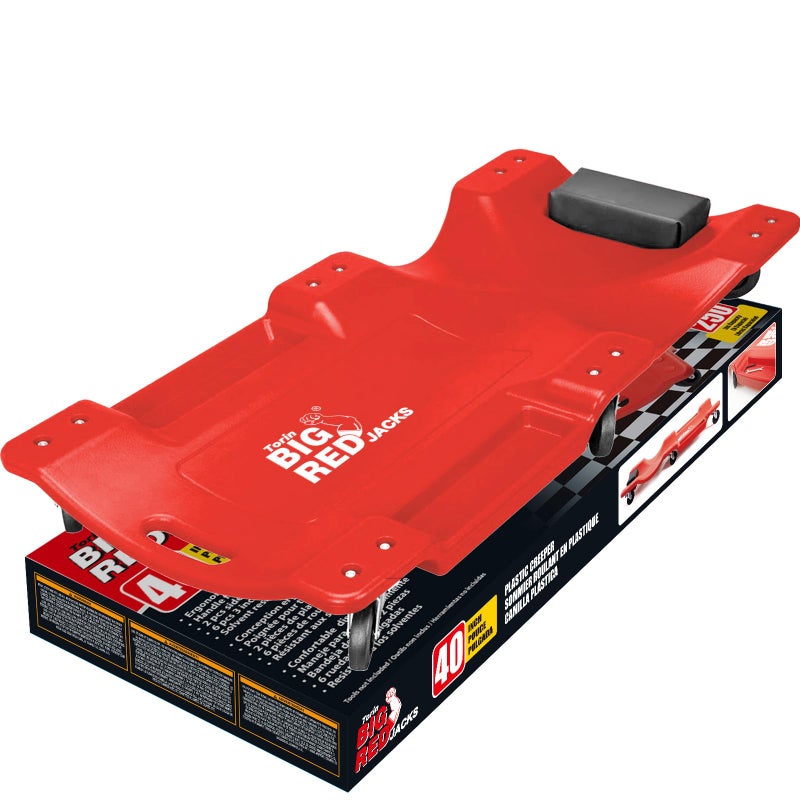 BIG RED TRP6240 Torin Blow Molded Plastic Rolling Garage/Shop Creeper: 40" Mechanic Cart with Padded Headrest, Dual Tool Trays and 6 Casters, Red - Image 1