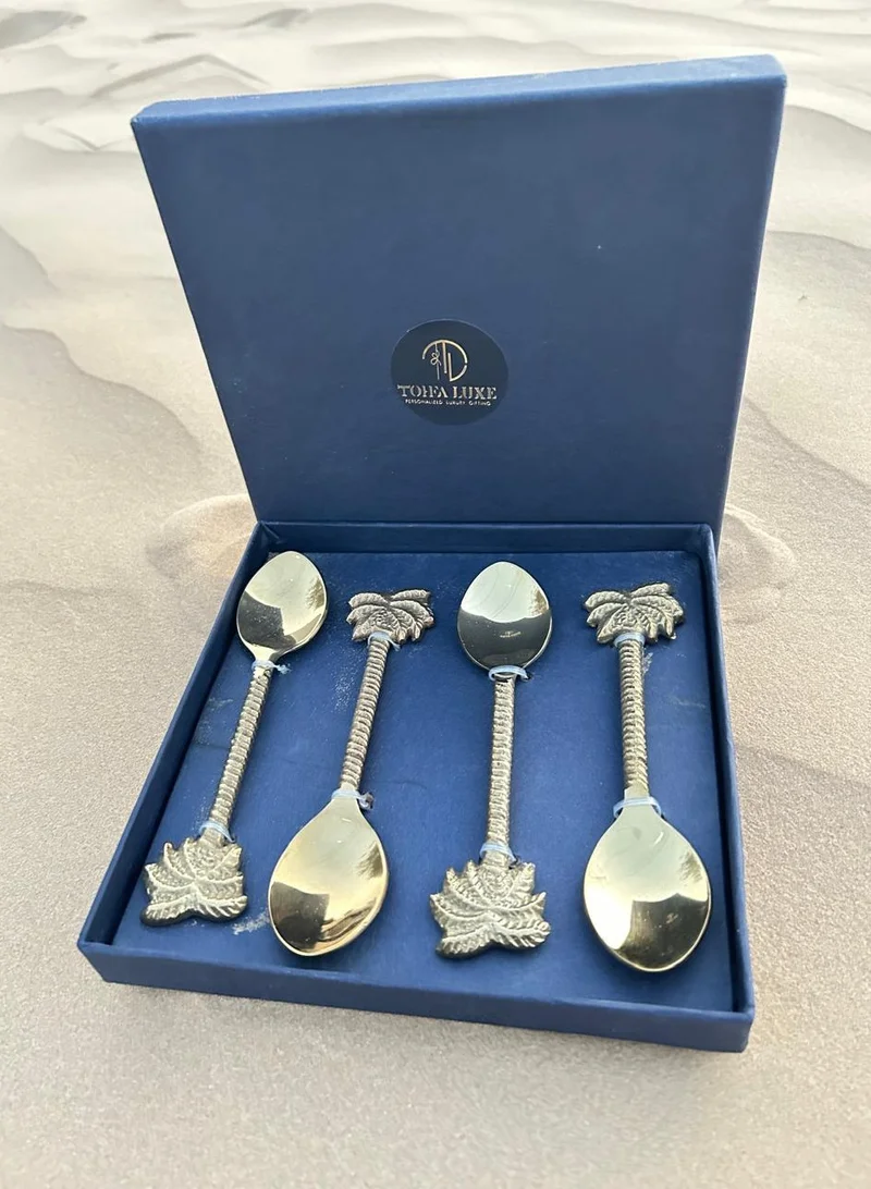 Tohfa Luxe Tohfa Luxe Palm Dessert Spoon Set – 4 Handcrafted Natural Brass Spoons, 15 cm Each, Palm Motif Handle, Gift-Ready Box, Elegant Tableware Accessory