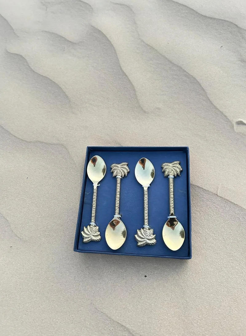 Tohfa Luxe Tohfa Luxe Palm Dessert Spoon Set – 4 Handcrafted Natural Brass Spoons, 15 cm Each, Palm Motif Handle, Gift-Ready Box, Elegant Tableware Accessory