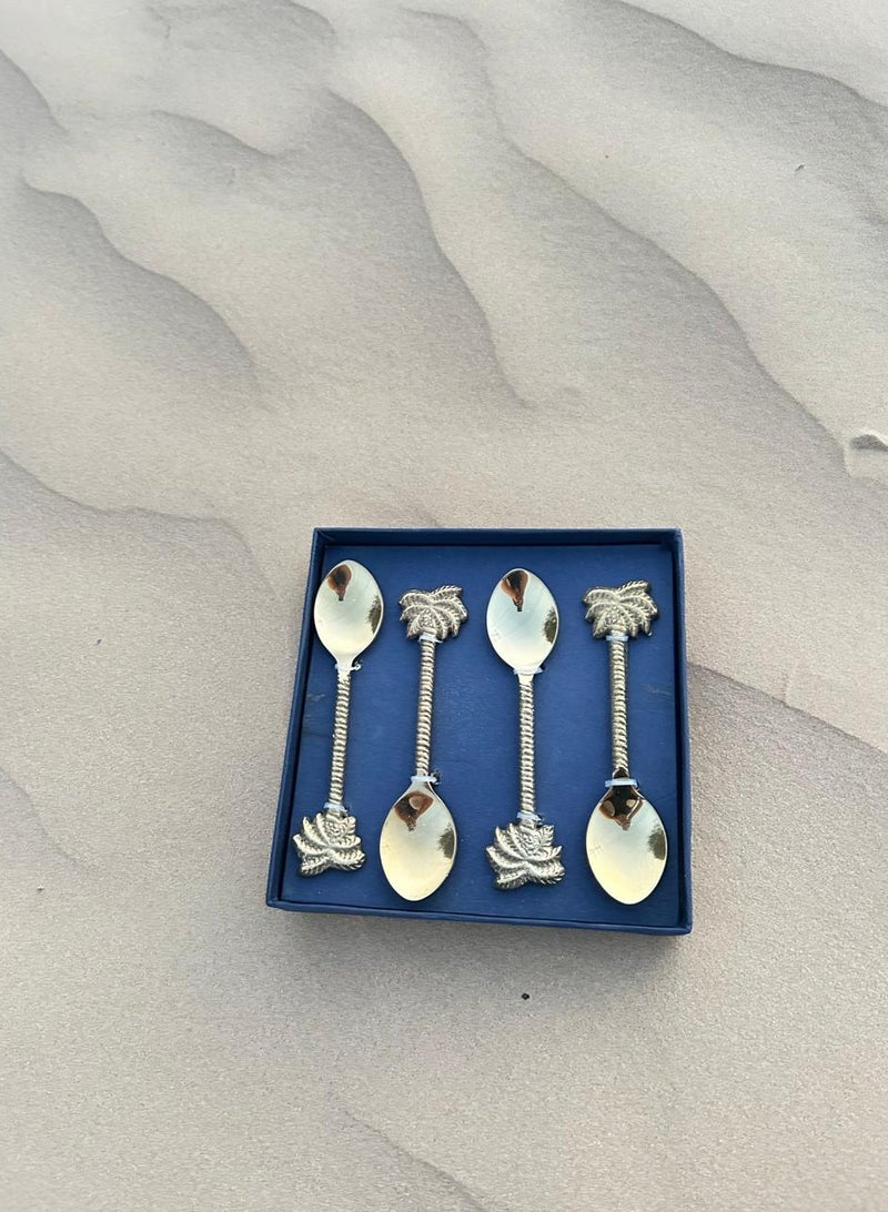 Tohfa Luxe Palm Dessert Spoon Set – 4 Handcrafted Natural Brass Spoons, 15 cm Each, Palm Motif Handle, Gift-Ready Box, Elegant Tableware Accessory - Image 1