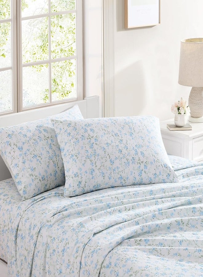 Shabby Chic® - ملاءات سرير بحجم كوين، طقم مفروشات من الفلانيل القطني، ديكور منزلي دافئ ومريح (إيلا بلو، كوين) - Image 1