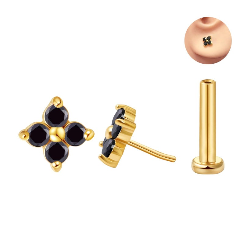 FANSING 16g Cartilage Earring 18k Gold-plated Tragus Stud 4mm CZ Birthstone Flower Flat Back Earrings for Helix Conch Threadless Push Pin Labret Stud March 16 Gauge 6mm - Image 2