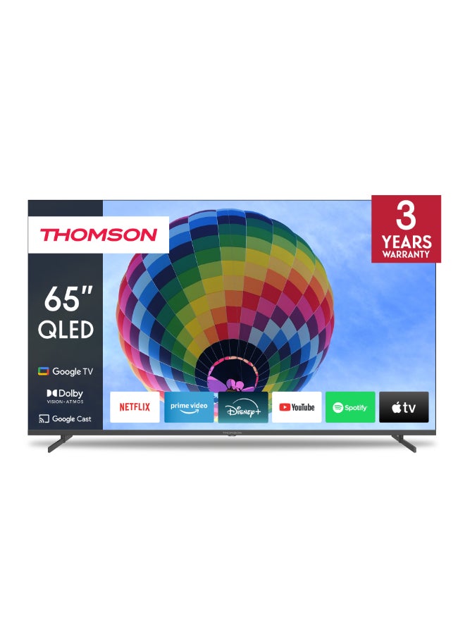 Thomson تلفاز ثومسون الذكي QLED مقاس 65 بوصة - موديل 2025 مع دقة دولبي فيجن وأتموس، تحكم صوتي ذكي، مساعد صوتي من جوجل، تصميم بدون إطار، يوتيوب ونتفليكس مدمجين، تصميم أرجل جانبية - Image 1