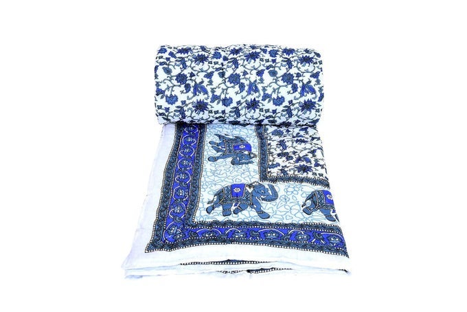 TRADITIONAL FAMOUS JAIPURI BEAUTIFUL FLORAL PRINT IN WHITE AND BLUE JAIPURI RAJAIRAZAIQUILT DOUBLEDOUBLE BED QUILTCOMFORTERAC QUILTAC COMFORTER