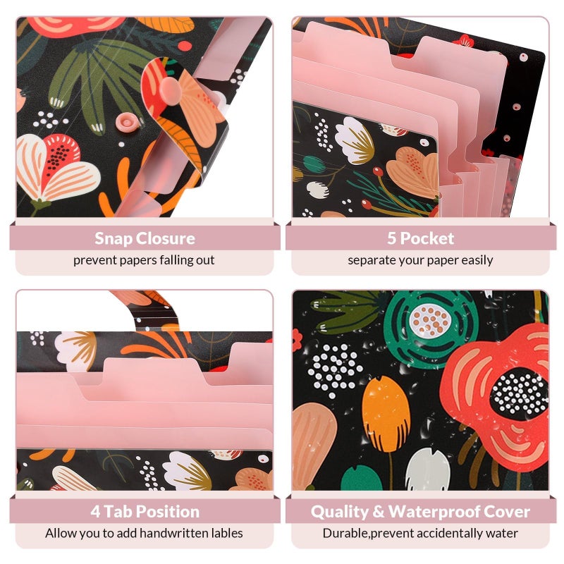 SKYDUE Expanding File Folder with 5 Pockets, Floral Accordion File Organizer for Important Document, Portable Receipt Paper Organizer, School Office Supplies Black - Image 3