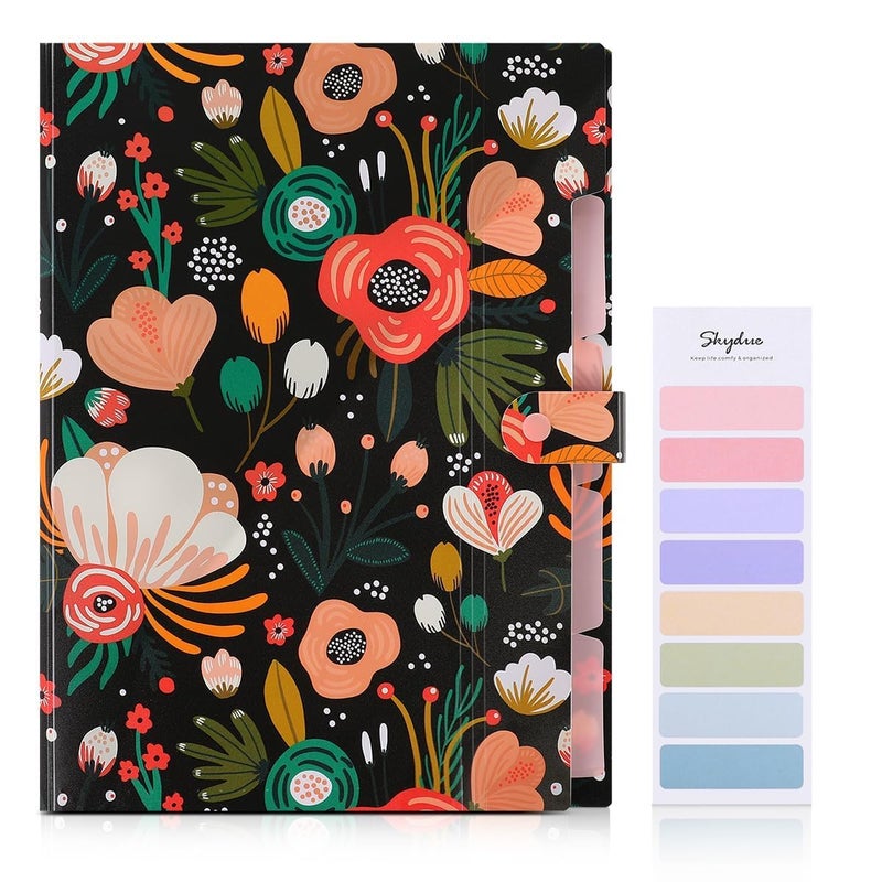 SKYDUE Expanding File Folder with 5 Pockets, Floral Accordion File Organizer for Important Document, Portable Receipt Paper Organizer, School Office Supplies Black - Image 2