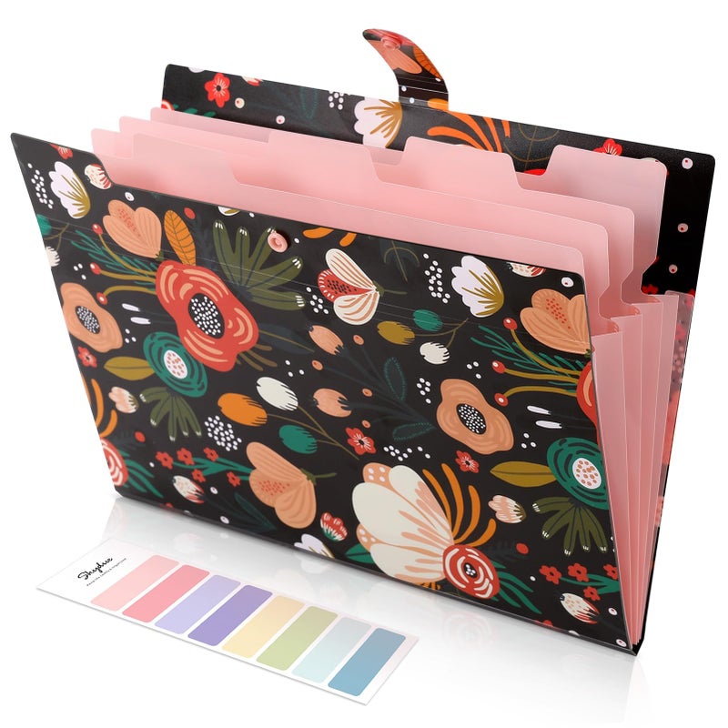 SKYDUE Expanding File Folder with 5 Pockets, Floral Accordion File Organizer for Important Document, Portable Receipt Paper Organizer, School Office Supplies Black - Image 1