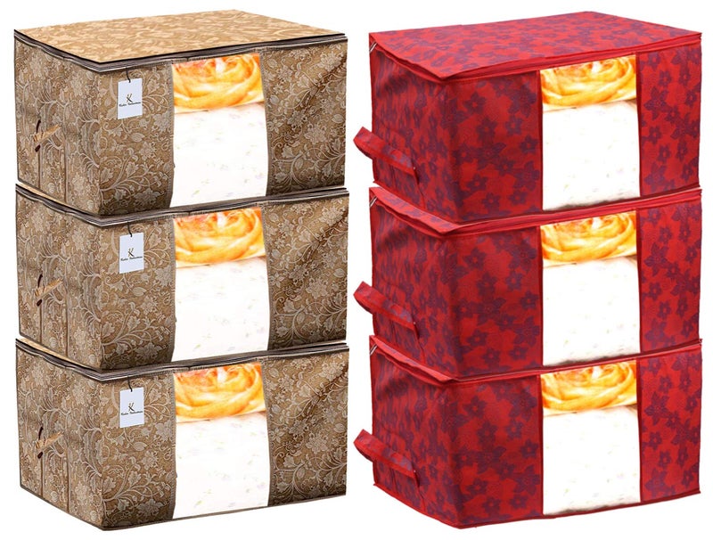 Kuber Industries Metalic Printed 6 Piece Non Woven Fabric Underbed Storage BagCloth OrganiserBlanket Cover with Transparent Window Beige Red CTKTC41140 - Image 1