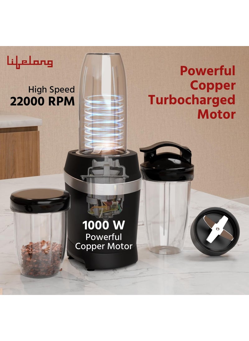 Lifelong - Lifelong Nutri Blender for Smoothies and Juices 100% Copper Motor- 1000 Watt & 22000 RPM | Detachable Handle 3 jars Mixer Grinder, Electric Blender for Kitchen, Fruits & Vegatable, 6 Leaf Blade - Image 1
