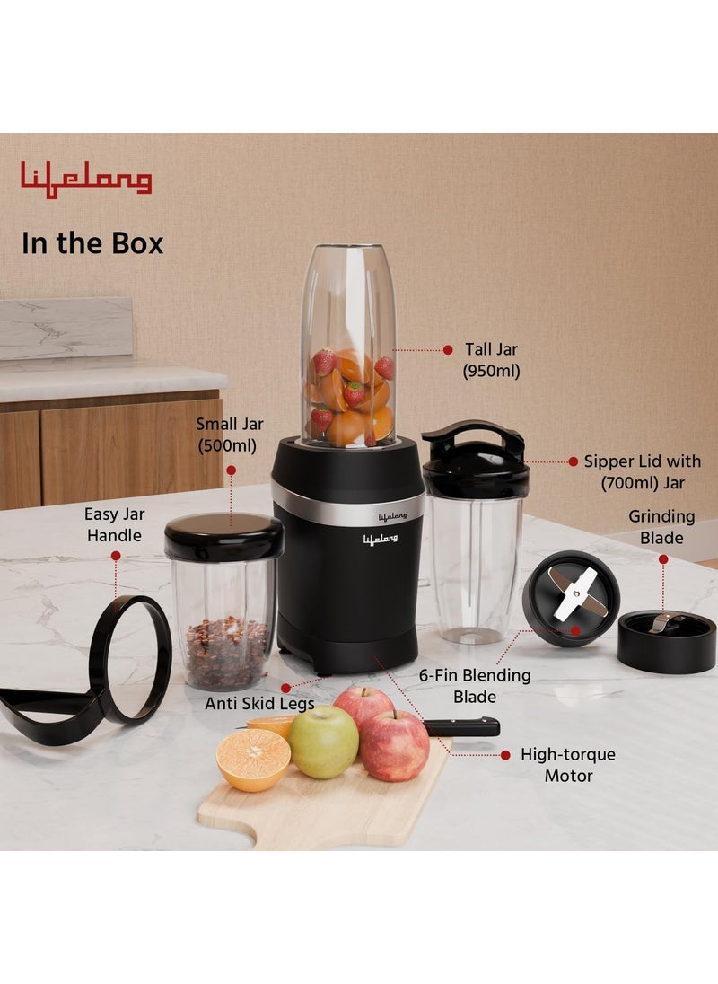 Lifelong - Lifelong Nutri Blender for Smoothies and Juices 100% Copper Motor- 1000 Watt & 22000 RPM | Detachable Handle 3 jars Mixer Grinder, Electric Blender for Kitchen, Fruits & Vegatable, 6 Leaf Blade - Image 1