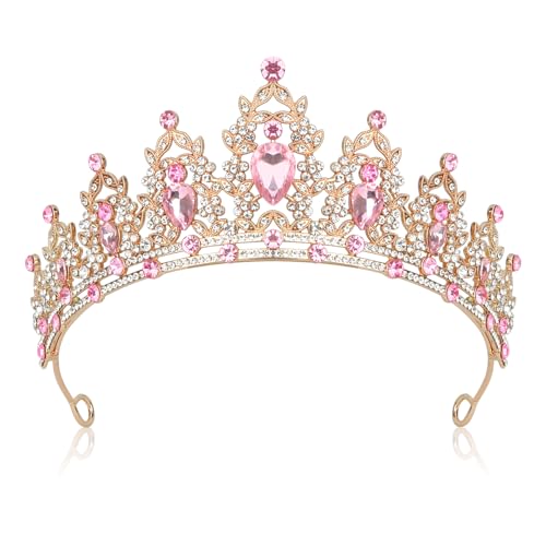 JIOMULIG Pink Rhinestone Tiara Baroque Style Womens Queen Crown Adult Tiara Headband Perfect for Parties Prom Wedding Birthday Pageant Fiesta etc - Image 1