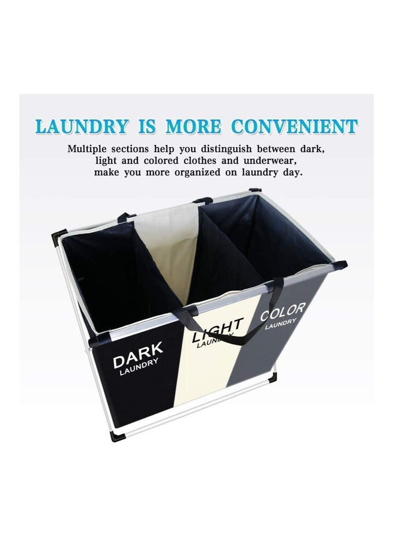 Laundry Basket Clothes Hamper 135L 3 Sections Clothe Sorter Bin,Foldable Waterproof Organizer Bag with Aluminum Frame  - Image 3