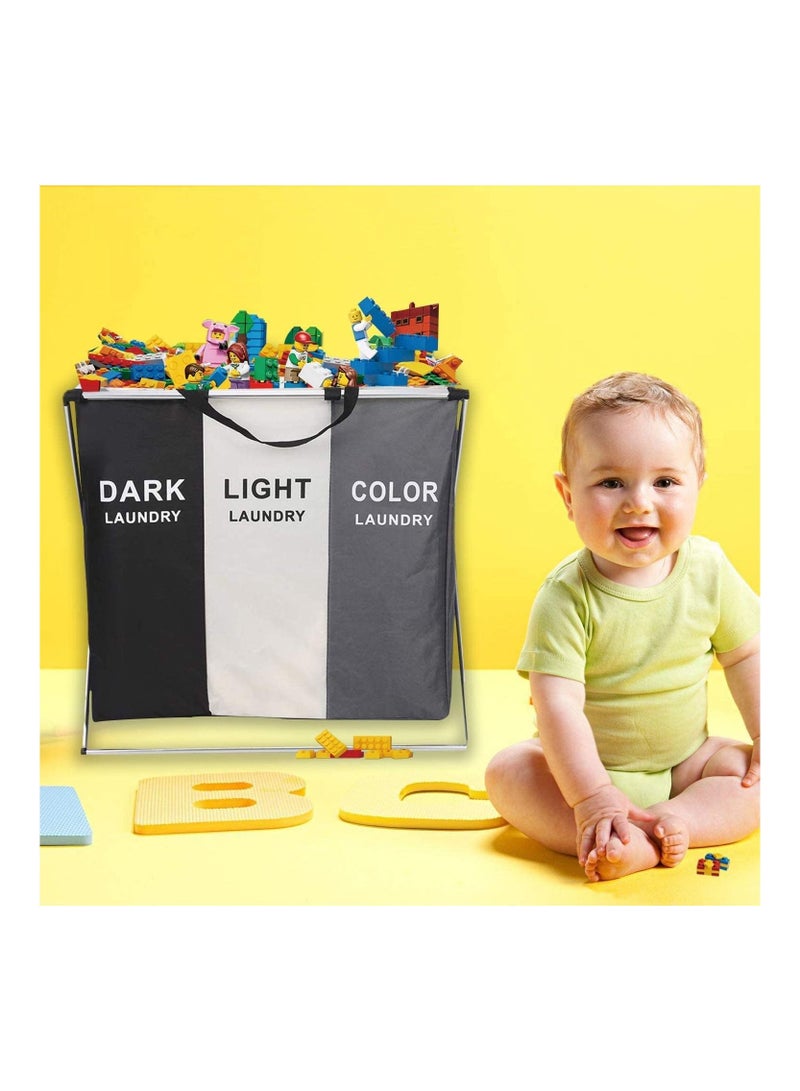 Laundry Basket Clothes Hamper 135L 3 Sections Clothe Sorter Bin,Foldable Waterproof Organizer Bag with Aluminum Frame  - Image 5