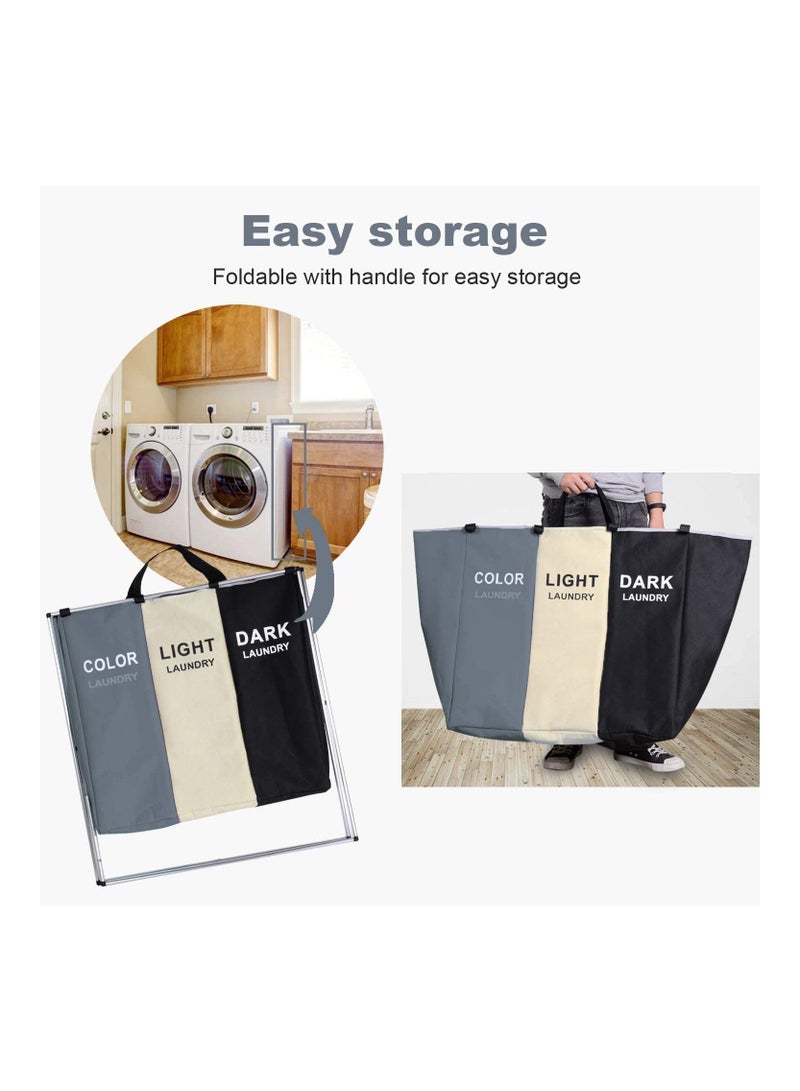 Laundry Basket Clothes Hamper 135L 3 Sections Clothe Sorter Bin,Foldable Waterproof Organizer Bag with Aluminum Frame  - Image 4