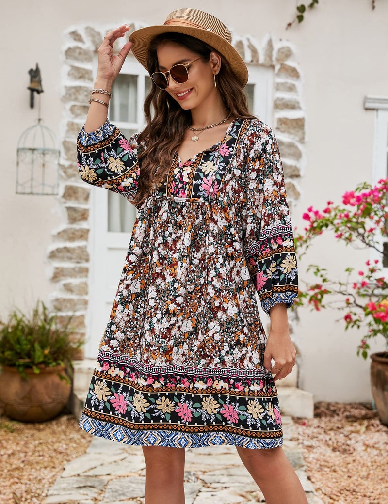 Bluetime Women Casual Summer Dress Boho V Neck 3/4 Sleeve Babydoll Floral Print Flowy Beach Dress (XXXL, Black) - Image 2