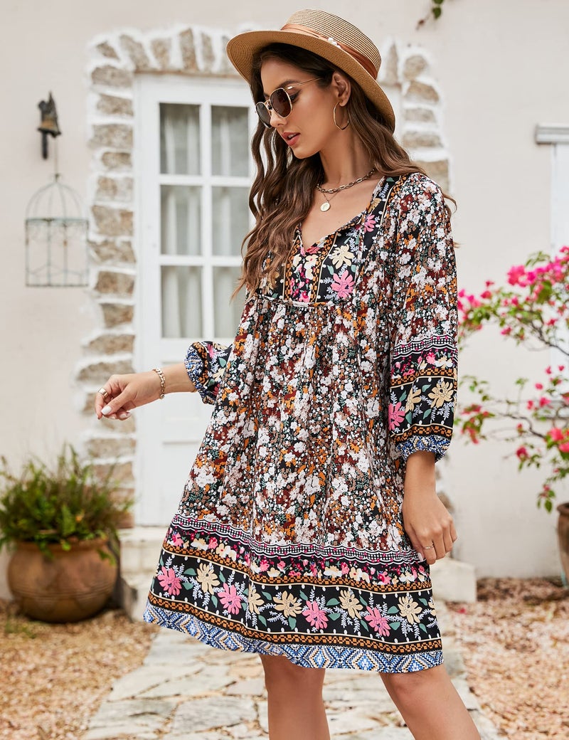 Bluetime Women Casual Summer Dress Boho V Neck 3/4 Sleeve Babydoll Floral Print Flowy Beach Dress (XXXL, Black) - Image 4