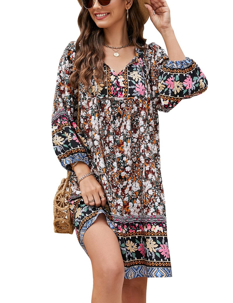 Bluetime Women Casual Summer Dress Boho V Neck 3/4 Sleeve Babydoll Floral Print Flowy Beach Dress (XXXL, Black) - Image 1