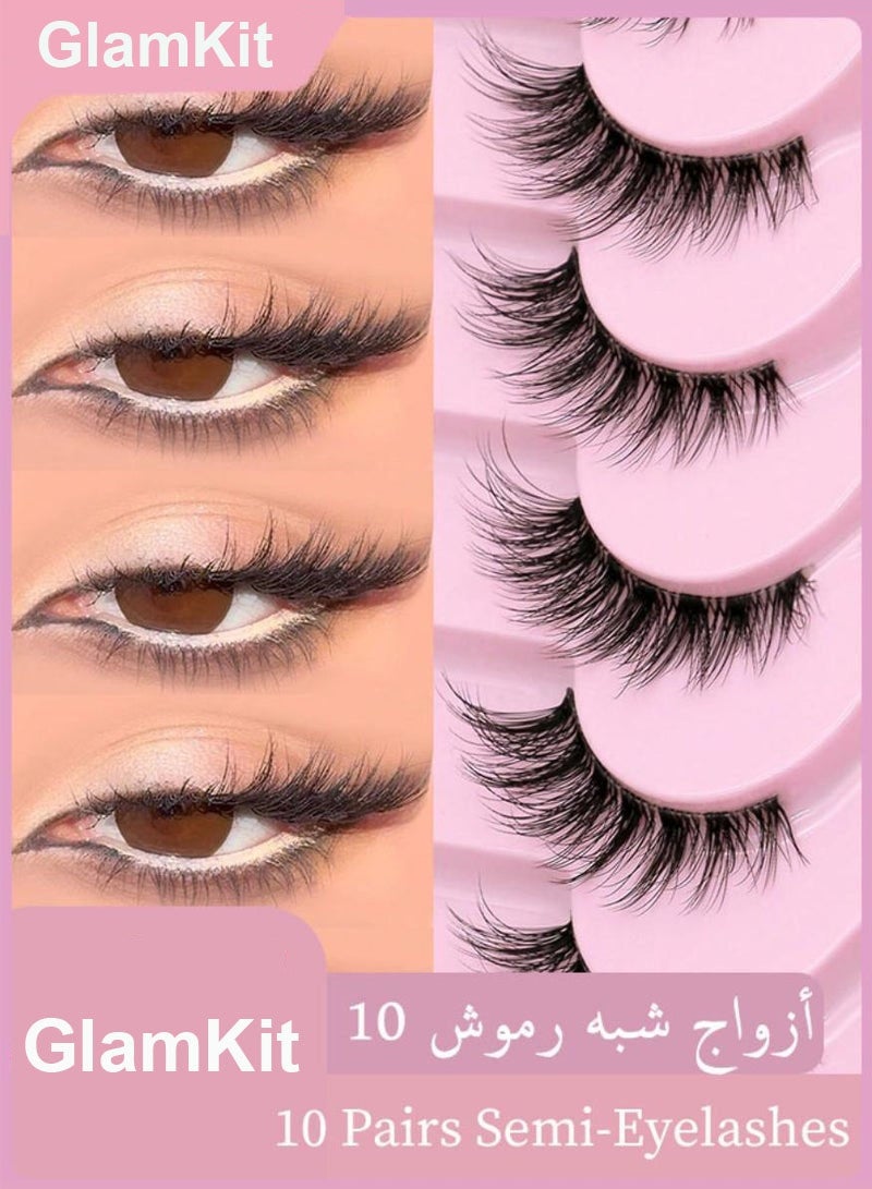 GlamKit 10 Pairs of Transparent Ribbon Semi-Eyelashes, Tri-dimensional Soft Synthetic Fur Short Length Eyelashes, Natural Soft Eyelashes for Makeup Ribbons Eyelashes, Eyelashes, Length Eyelashes, Synthetic Eyelashes - Image 1