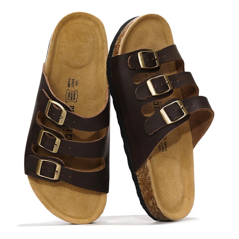 Project Cloud 100% Genuine Leather Summer Sandals for Women 2026 - Memory Foam & Cork Footbed Beach Vacation Essentials Womens Sandals Comfortable Slides for Women Footwear (Capri,BRWNACT,10) - Image 1