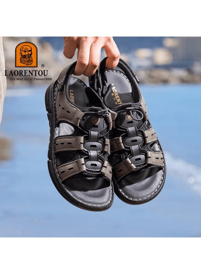 Laorentou Men's Sandals, Summer Slippers, Top-grain Leather Beach Shoes, Casual Outdoor Perforated Shoes, Lt15183, Gray, Size 38