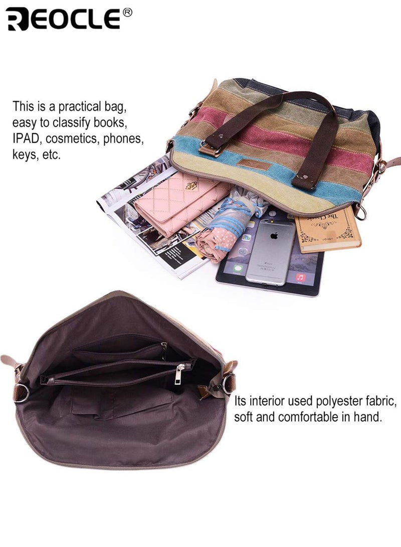 REOCLE Women's Canvas Handbag with Multi Color Striped Design and Crossbody Shoulder Feature Tote Purse with Denim Construction for Daily Fashion Use - Image 4
