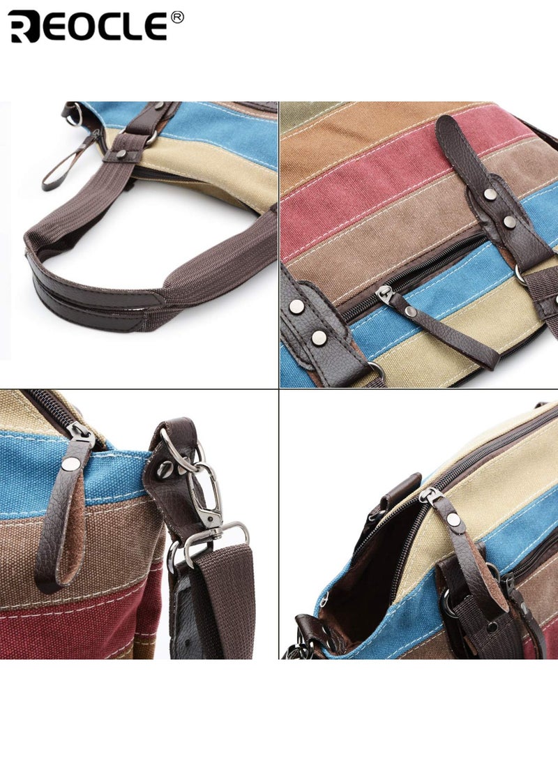 REOCLE Women's Canvas Handbag with Multi Color Striped Design and Crossbody Shoulder Feature Tote Purse with Denim Construction for Daily Fashion Use - Image 5