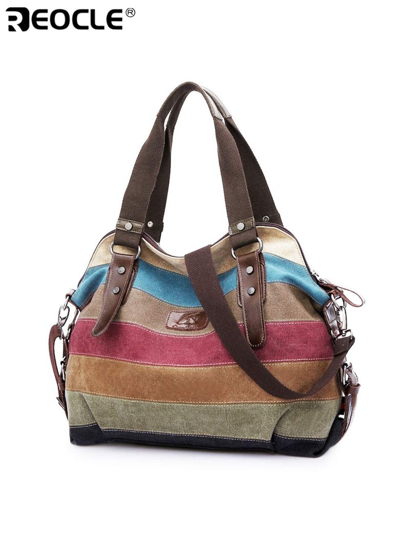REOCLE Women's Canvas Handbag with Multi Color Striped Design and Crossbody Shoulder Feature Tote Purse with Denim Construction for Daily Fashion Use - Image 2
