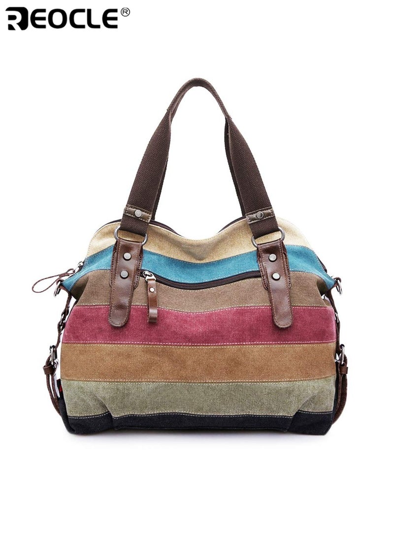 REOCLE Women's Canvas Handbag with Multi Color Striped Design and Crossbody Shoulder Feature Tote Purse with Denim Construction for Daily Fashion Use - Image 3
