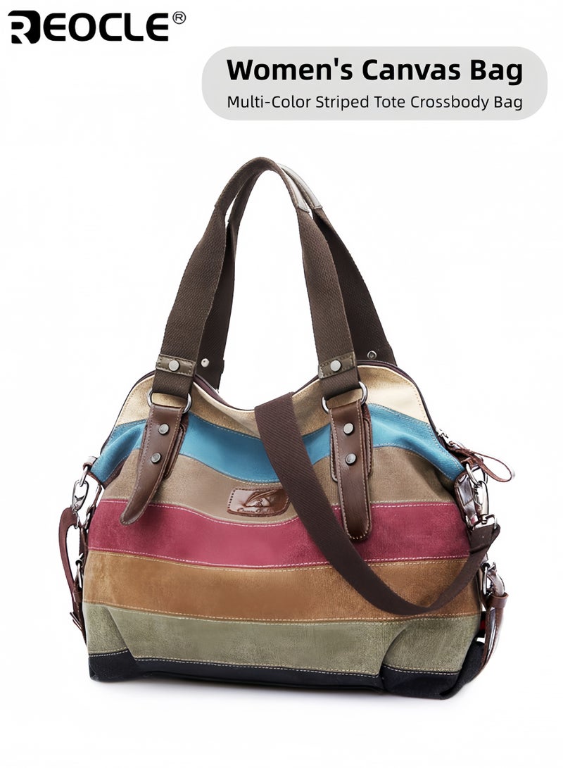 REOCLE Women's Canvas Handbag with Multi Color Striped Design and Crossbody Shoulder Feature Tote Purse with Denim Construction for Daily Fashion Use - Image 1