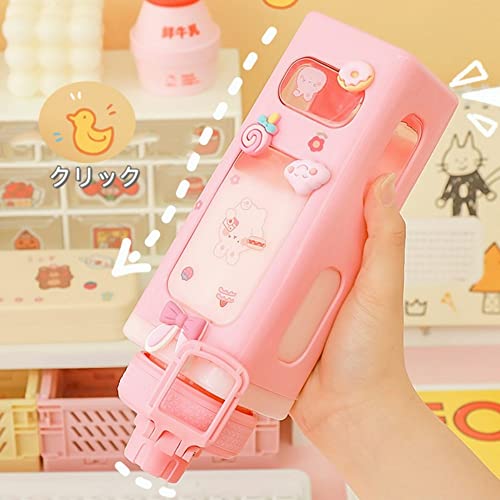 JHTPSLR Large Kawaii Water Bottle with Straw and 3D Stickers Cute Aesthetic Bottle Kawaii Milk Bottle Tea Cup Juice Shaker Portable Silicone (700ml/24oz, Pink) - Image 4