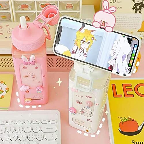 JHTPSLR Large Kawaii Water Bottle with Straw and 3D Stickers Cute Aesthetic Bottle Kawaii Milk Bottle Tea Cup Juice Shaker Portable Silicone (700ml/24oz, Pink) - Image 5