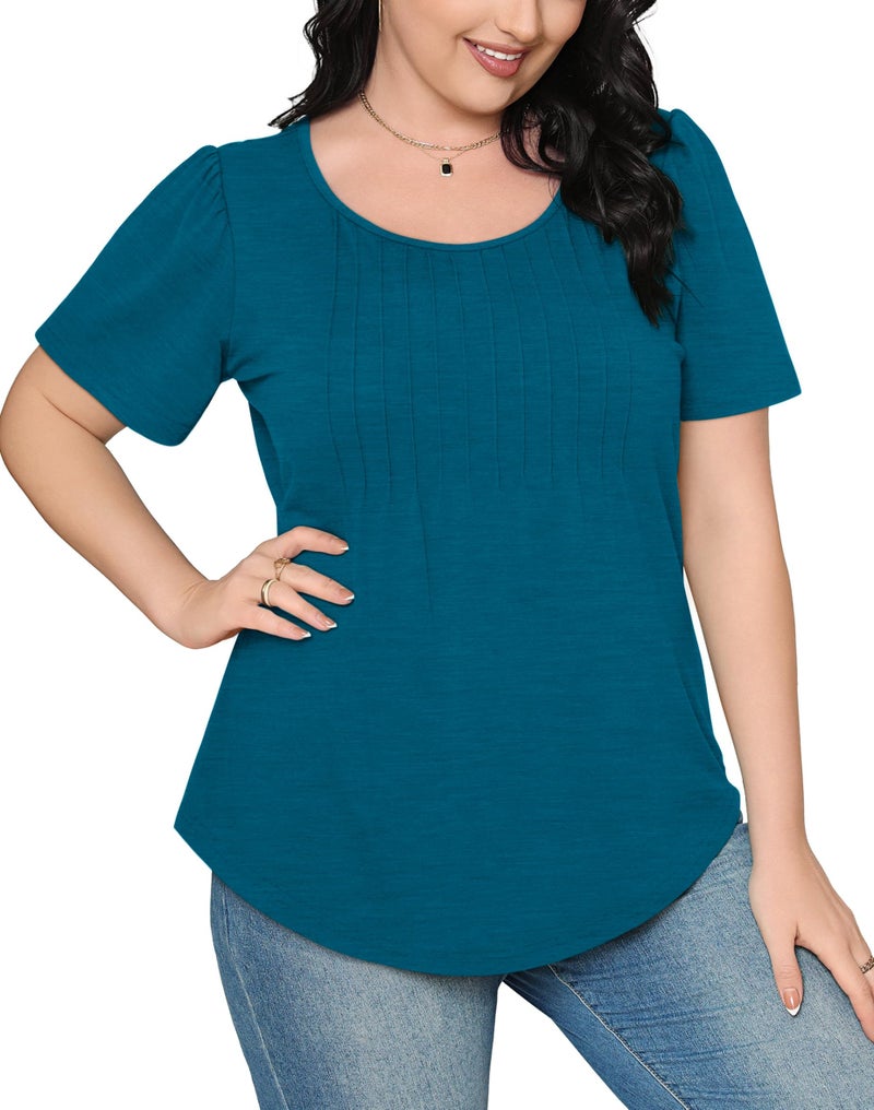 OFEEFAN Womens T Shirts Dressy Casual Short Sleeve Cute Summer Tops for Teachers Pleated Front Vacation Outfits Women Blouses Teal L - Image 4