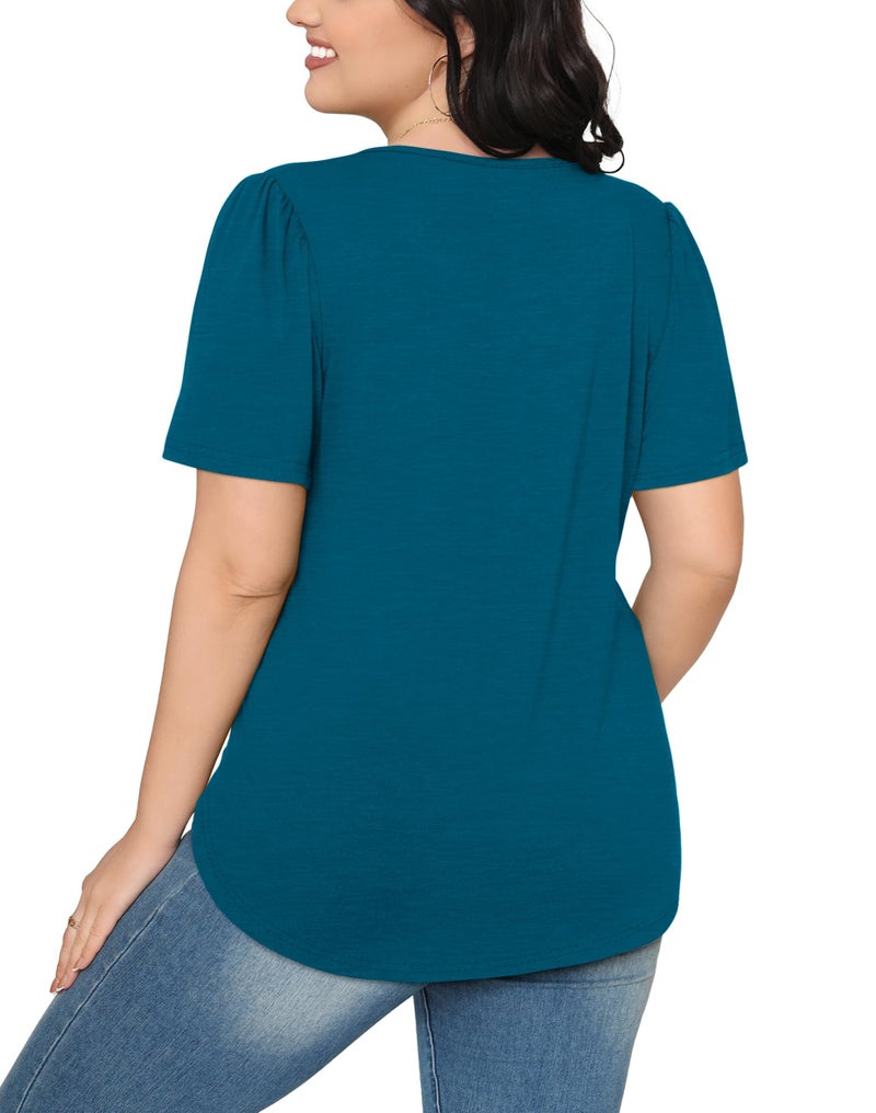OFEEFAN Womens T Shirts Dressy Casual Short Sleeve Cute Summer Tops for Teachers Pleated Front Vacation Outfits Women Blouses Teal L - Image 5